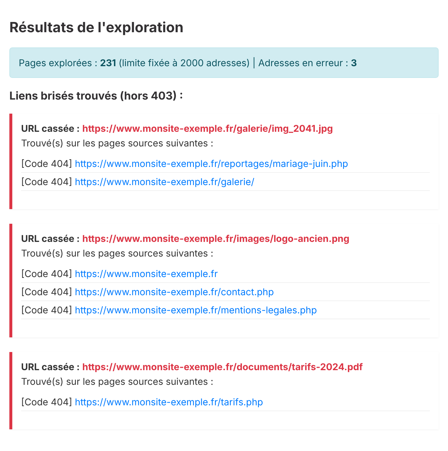 Exemple de rapport du vérificateur d'images : images, logo et PDF en erreur 404 avec les pages qui les affichent