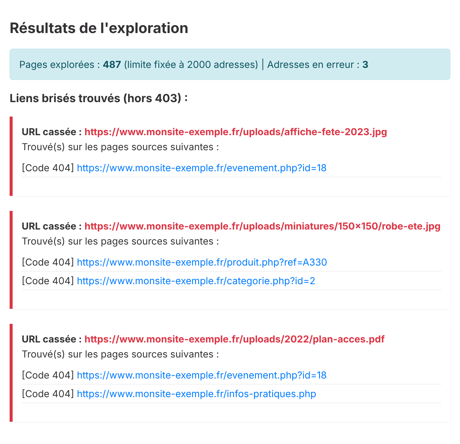 Exemple de rapport sur les images d'un site dynamique : affiches, miniatures et documents manquants