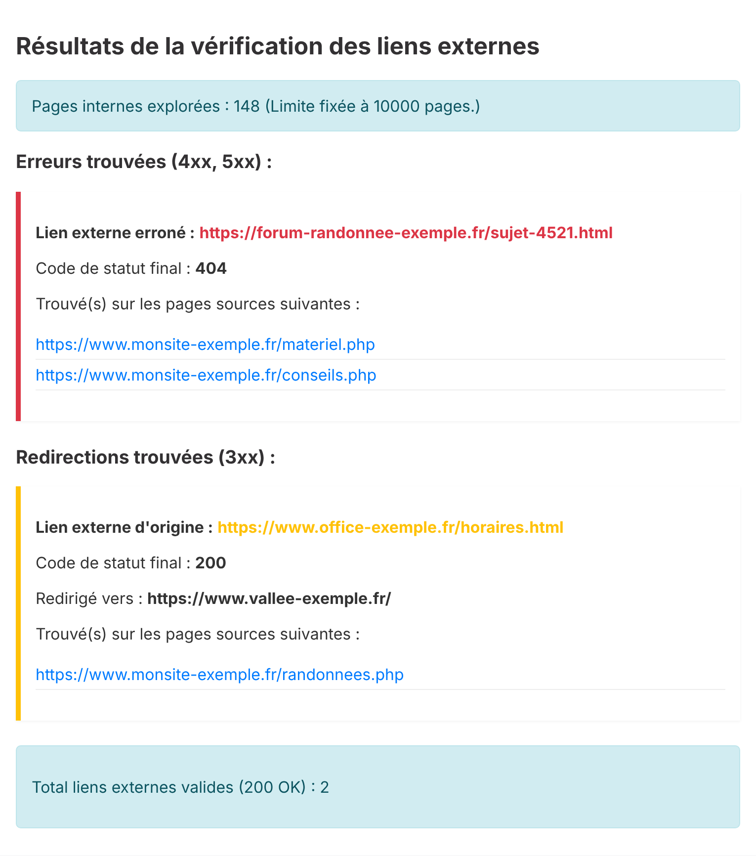 Exemple de rapport du vérificateur de liens externes : un lien en erreur 404 et une redirection vers une page d'accueil