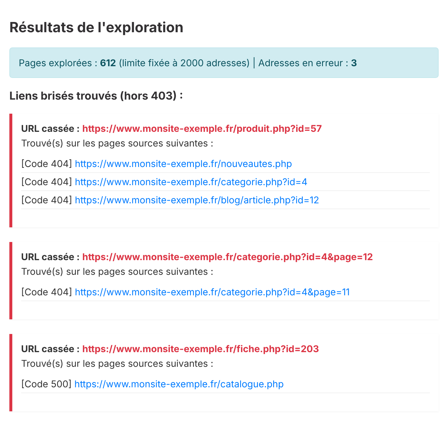 Exemple de rapport sur un site dynamique avec des adresses à paramètres en erreur 404 et 500