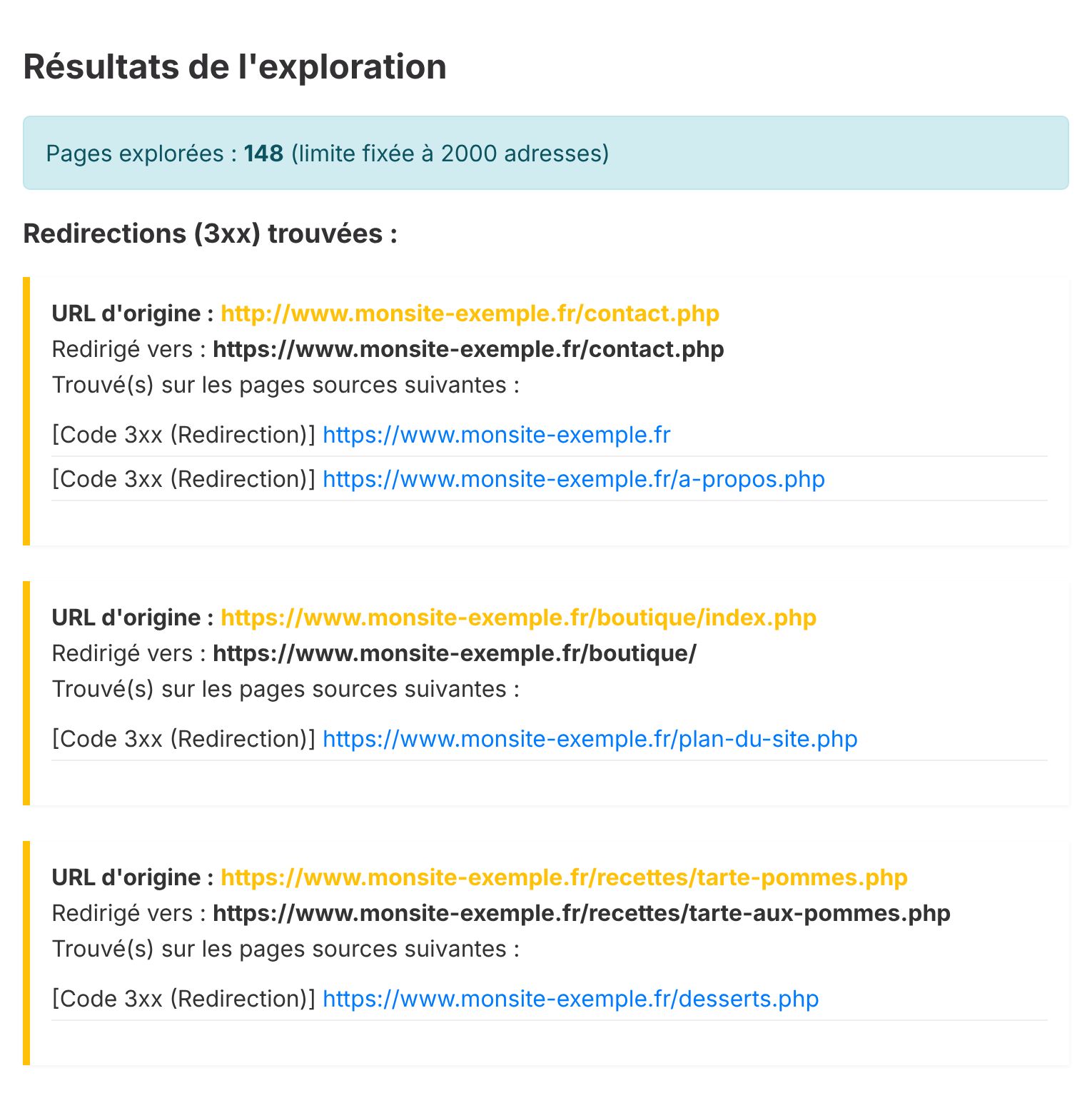 Exemple de rapport du détecteur de redirections : adresse d'origine, adresse finale et pages sources